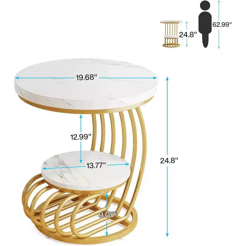 Table d'appoint ronde à 2 niveaux en panneaux de particules avec cadre en arc métallique