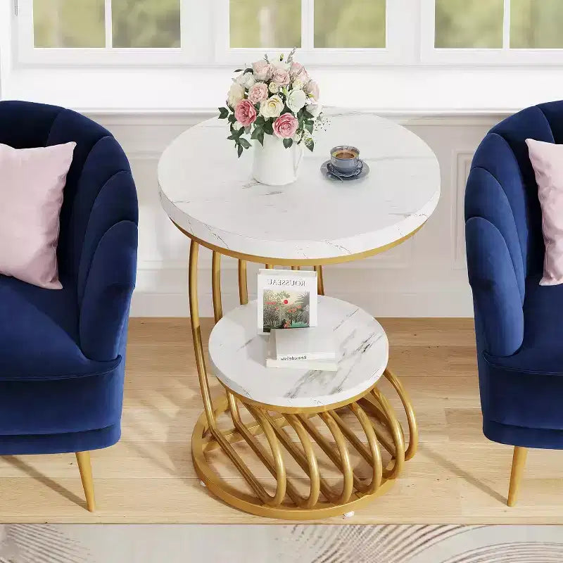 Table d'appoint ronde à 2 niveaux en panneaux de particules avec cadre en arc métallique