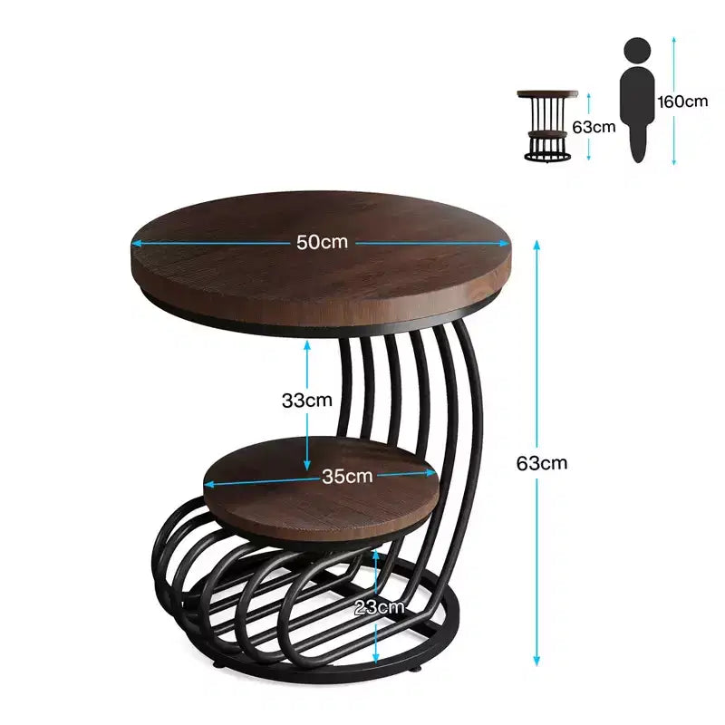 Table d'appoint ronde à 2 niveaux en panneaux de particules avec cadre en arc métallique