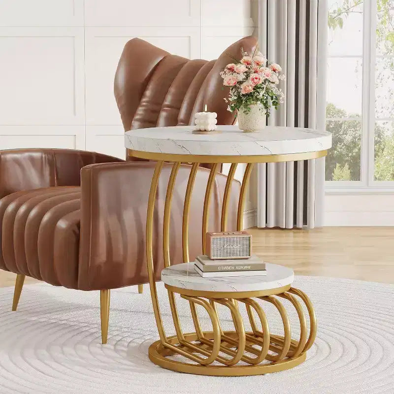Table d'appoint ronde à 2 niveaux en panneaux de particules avec cadre en arc métallique