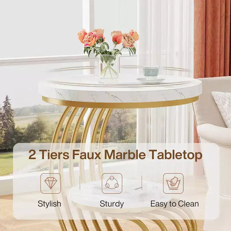 Table d'appoint ronde à 2 niveaux en panneaux de particules avec cadre en arc métallique