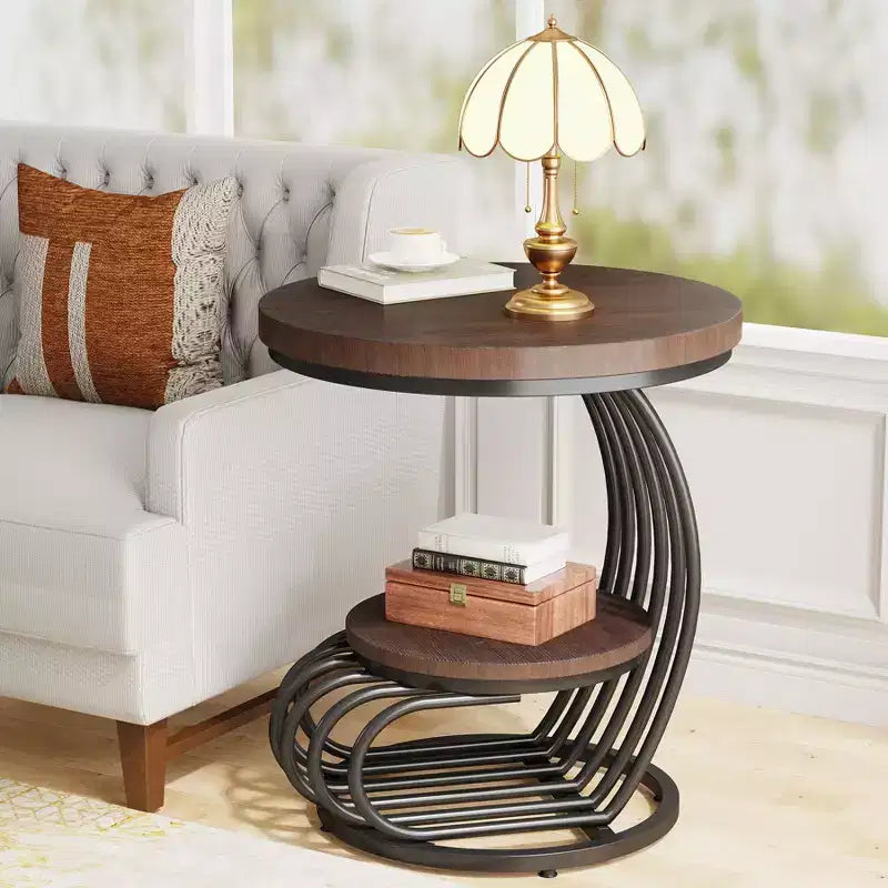 Table d'appoint ronde à 2 niveaux en panneaux de particules avec cadre en arc métallique