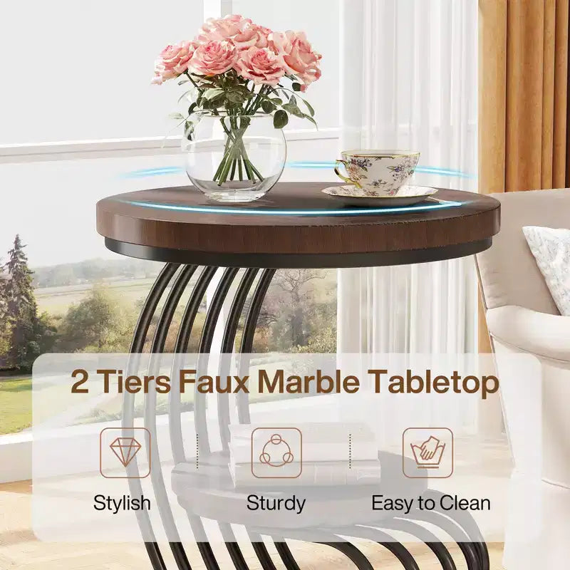 Table d'appoint ronde à 2 niveaux en panneaux de particules avec cadre en arc métallique