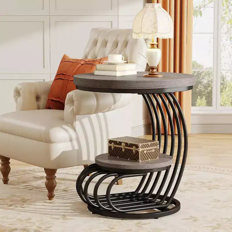 Table d'appoint ronde à 2 niveaux en panneaux de particules avec cadre en arc métallique