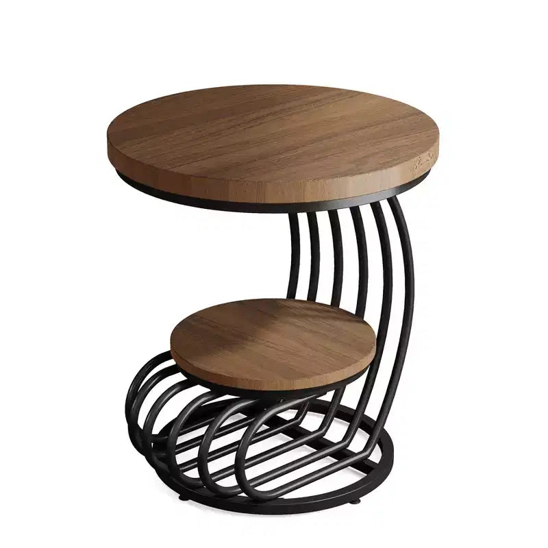 Table d'appoint ronde à 2 niveaux en panneaux de particules avec cadre en arc métallique