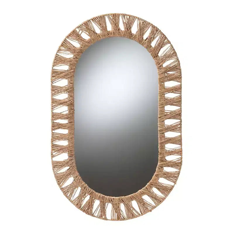 Miroir mural ovale en contreplaqué, métal et jonc de mer 22" L x 34,6" H