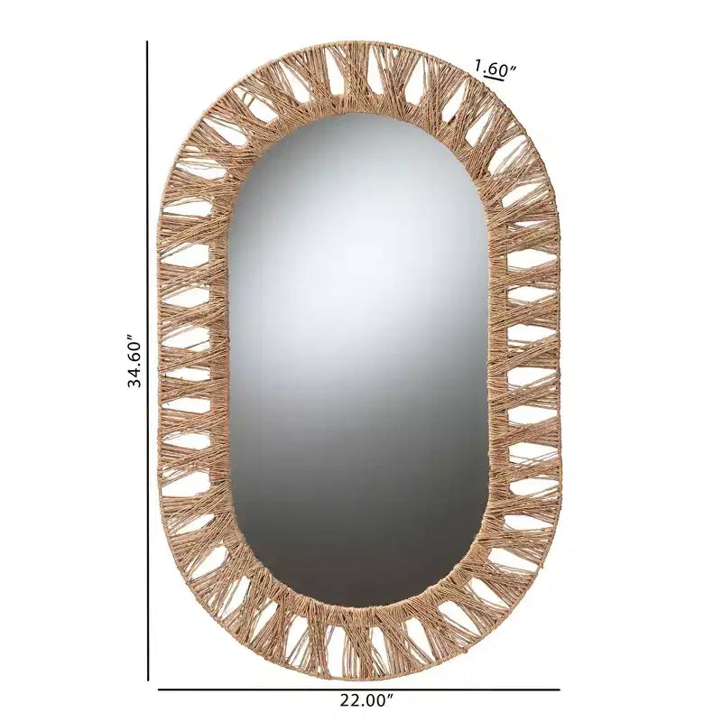 Miroir mural ovale en contreplaqué, métal et jonc de mer 22" L x 34,6" H