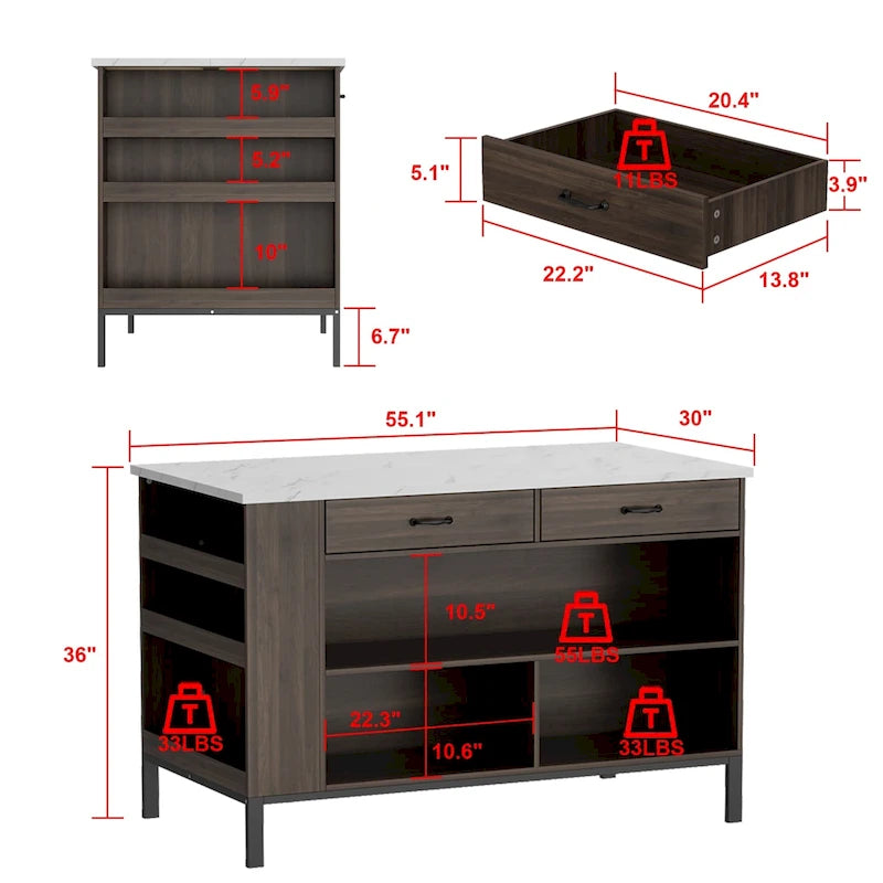 Kitchen Island with Storage Drawers and Open Shelves, Large Workspace