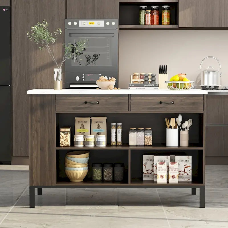 Kitchen Island with Storage Drawers and Open Shelves, Large Workspace