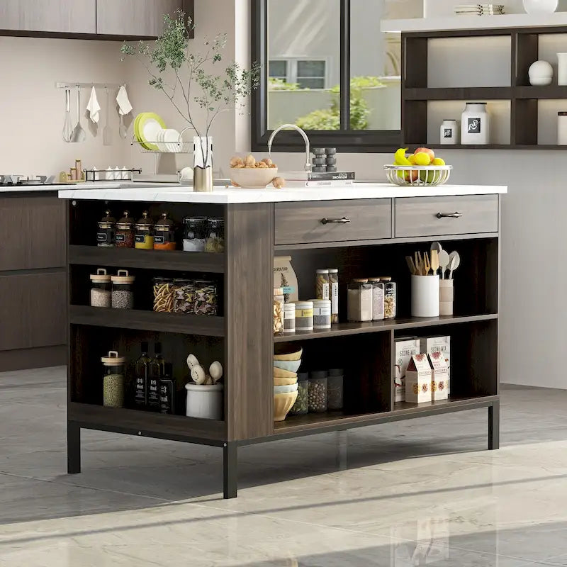 Kitchen Island with Storage Drawers and Open Shelves, Large Workspace