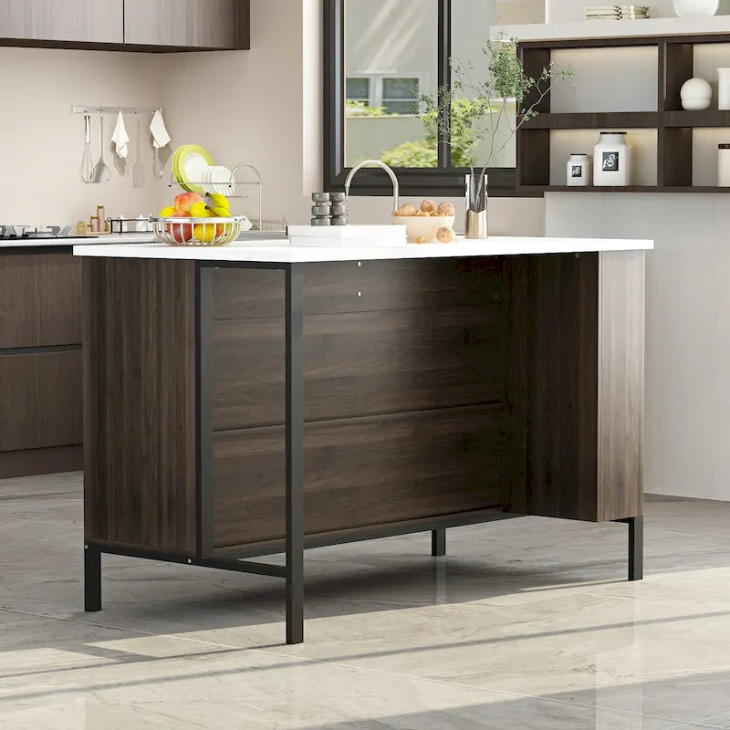 Kitchen Island with Storage Drawers and Open Shelves, Large Workspace