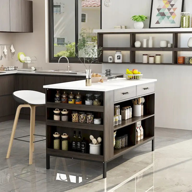 Kitchen Island with Storage Drawers and Open Shelves, Large Workspace