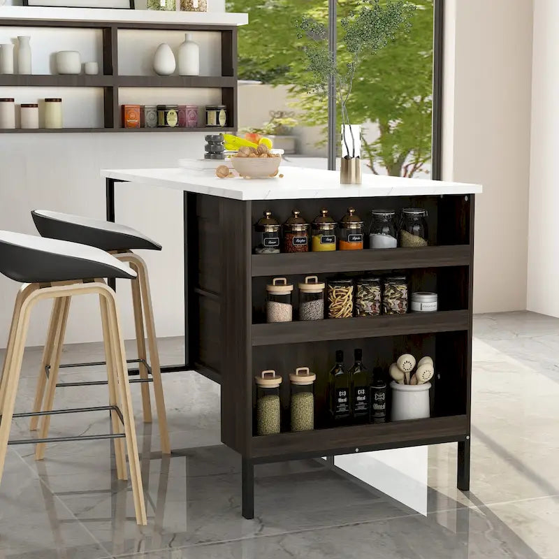 Kitchen Island with Storage Drawers and Open Shelves, Large Workspace