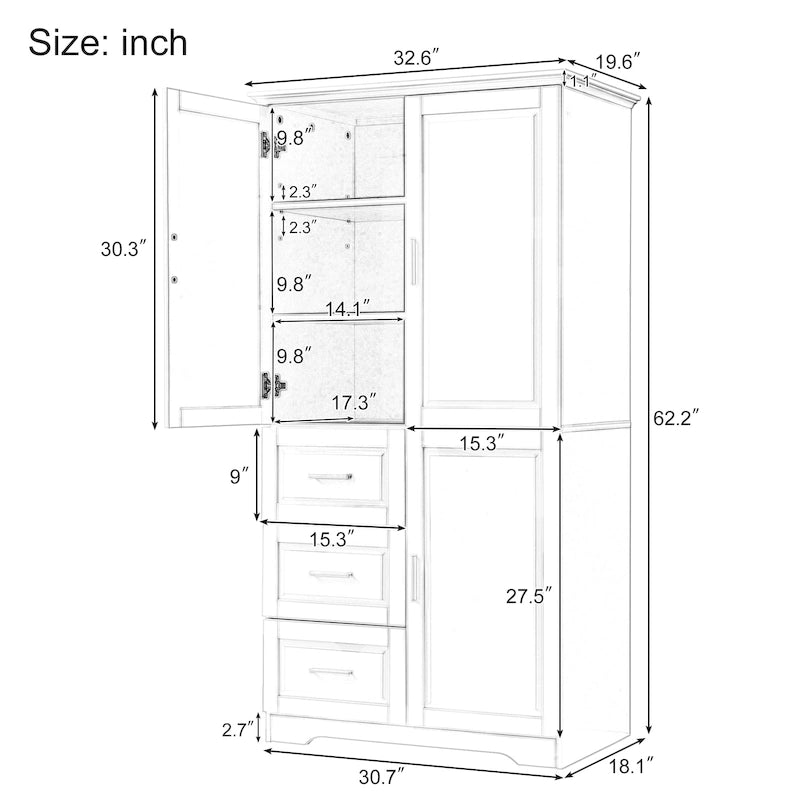 Tall and Wide Storage Cabinet with Doors,Three Drawers