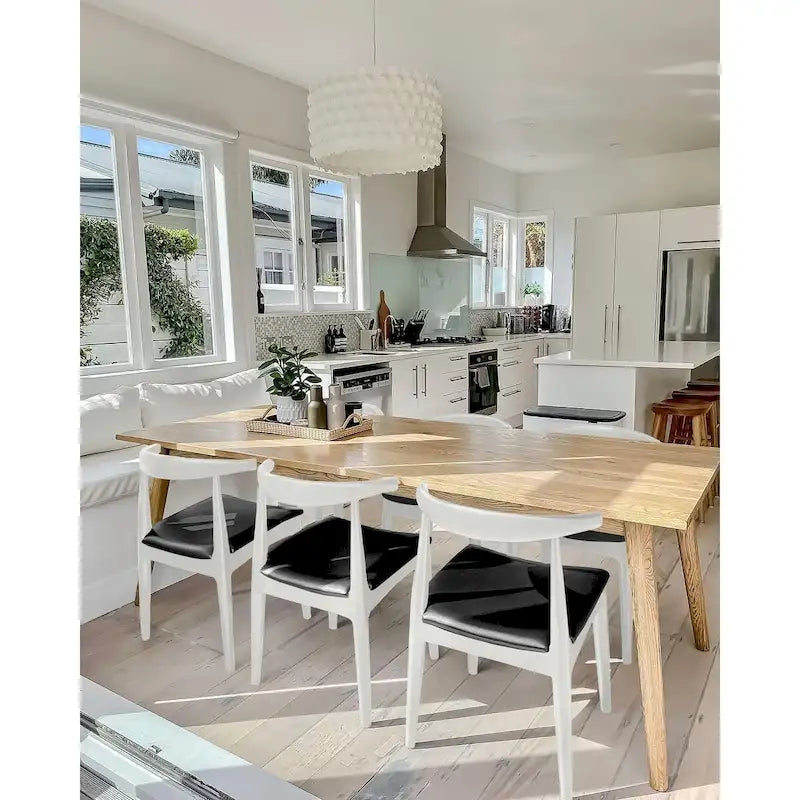 Natural Solid Wood Dining Elbow Chairs With PU Leather or Beige Fabric Cushion Seat And Oak Frame
