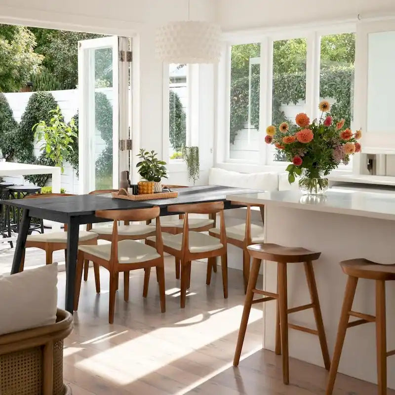 Natural Solid Wood Dining Elbow Chairs With PU Leather or Beige Fabric Cushion Seat And Oak Frame