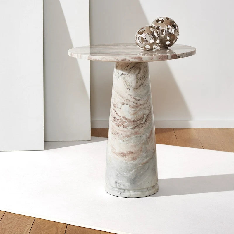 Tall Round Grey Marble Accent Table on Sculptural Pedestal, 21W x 21D x 24H