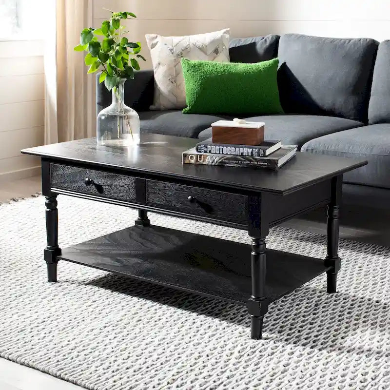 Grey 2-Drawer Coffee Table, Farmhouse Pine Wood, 42W x 22D x 19H Inches