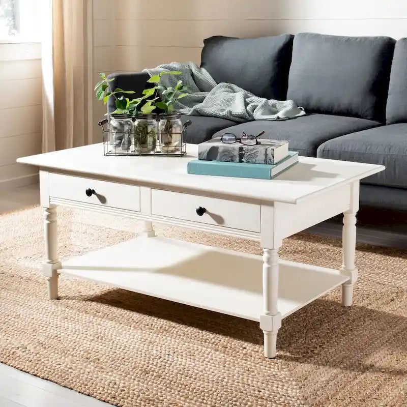 Grey 2-Drawer Coffee Table, Farmhouse Pine Wood, 42W x 22D x 19H Inches