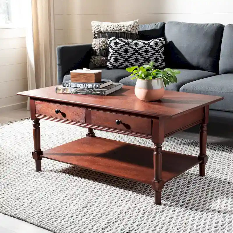 Grey 2-Drawer Coffee Table, Farmhouse Pine Wood, 42W x 22D x 19H Inches