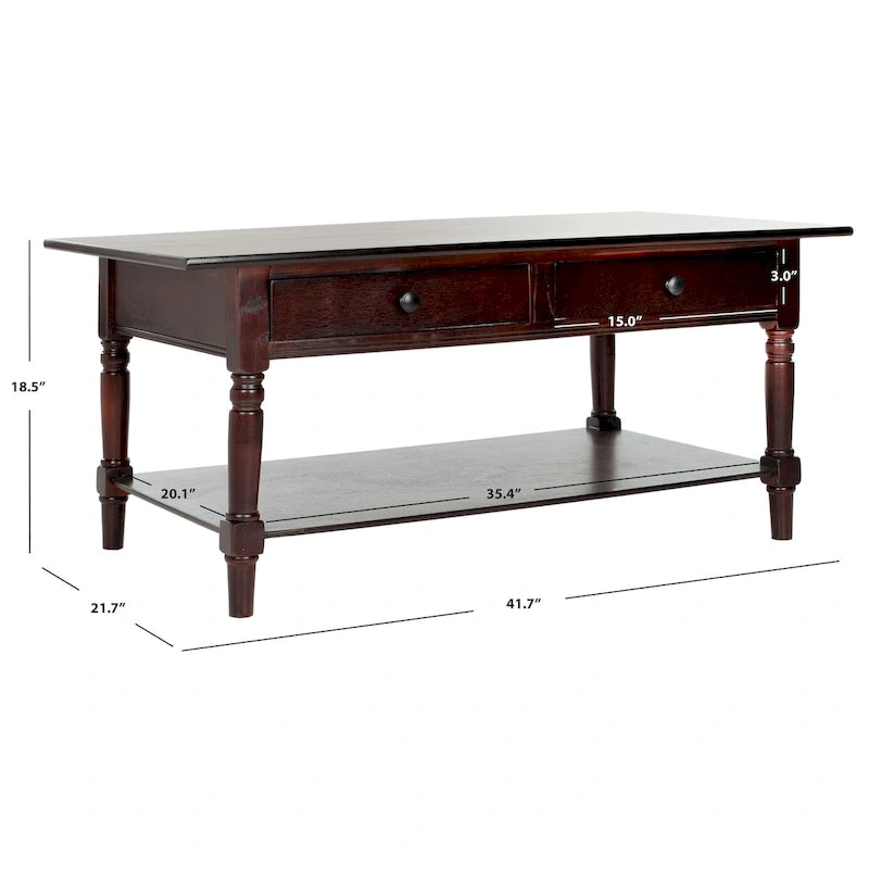 Grey 2-Drawer Coffee Table, Farmhouse Pine Wood, 42W x 22D x 19H Inches