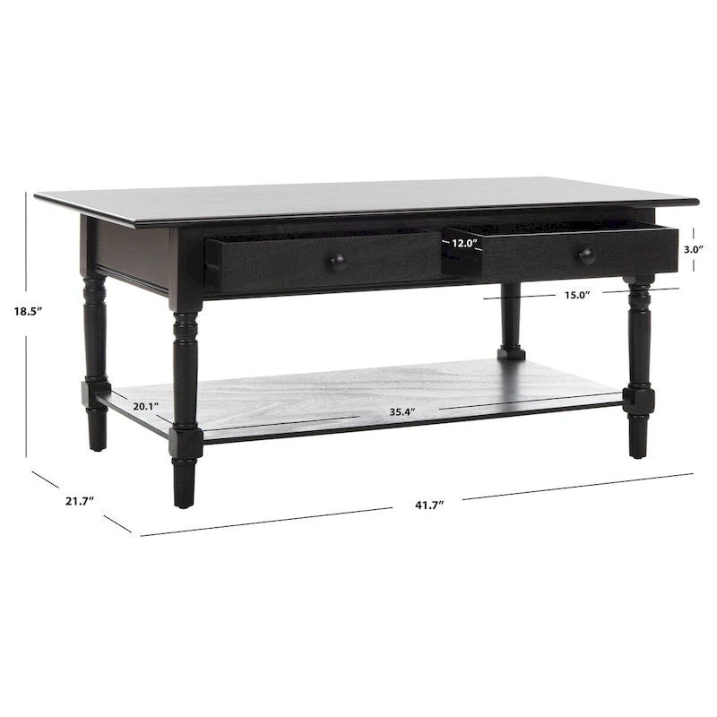 Grey 2-Drawer Coffee Table, Farmhouse Pine Wood, 42W x 22D x 19H Inches