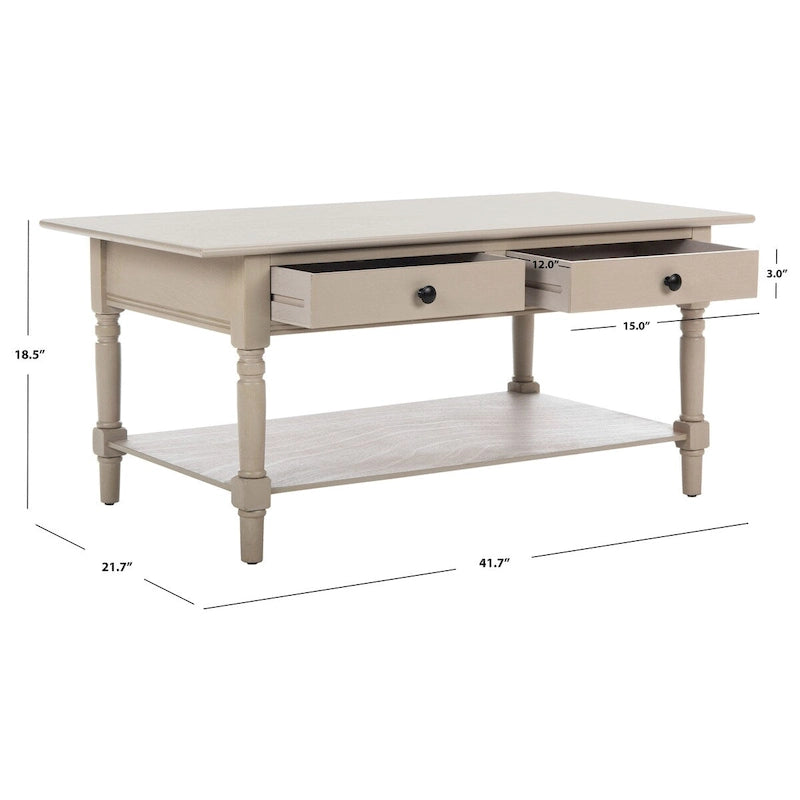 Grey 2-Drawer Coffee Table, Farmhouse Pine Wood, 42W x 22D x 19H Inches