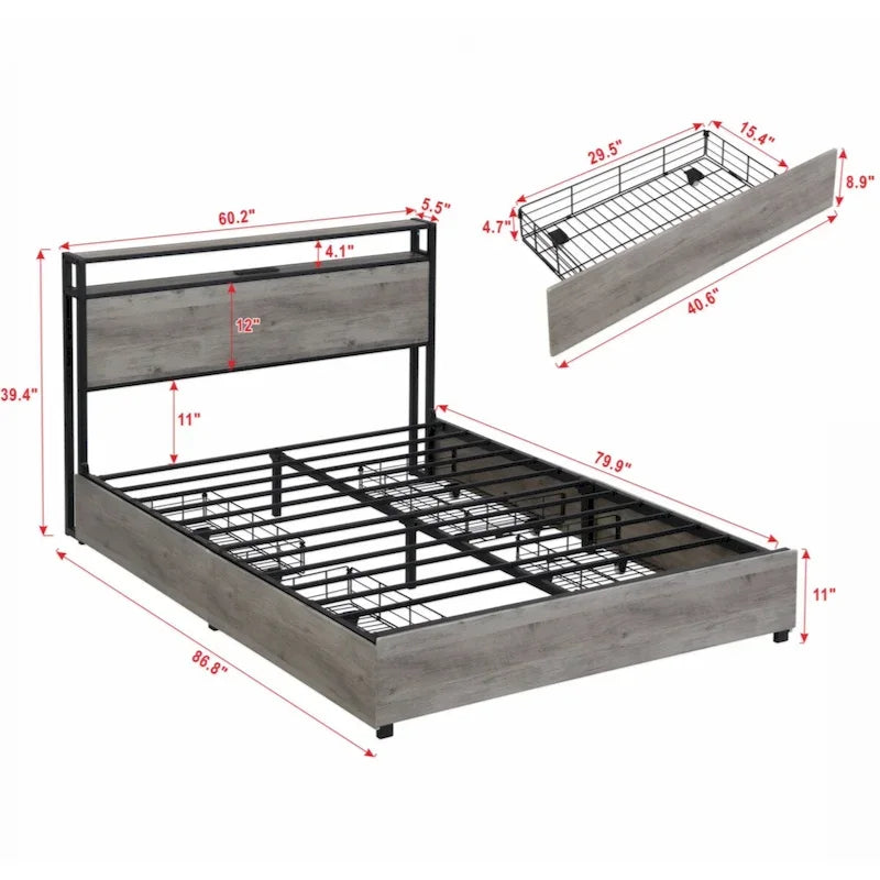 Queen Bed Frame, Storage Headboard with Charging Station, Antique Grey