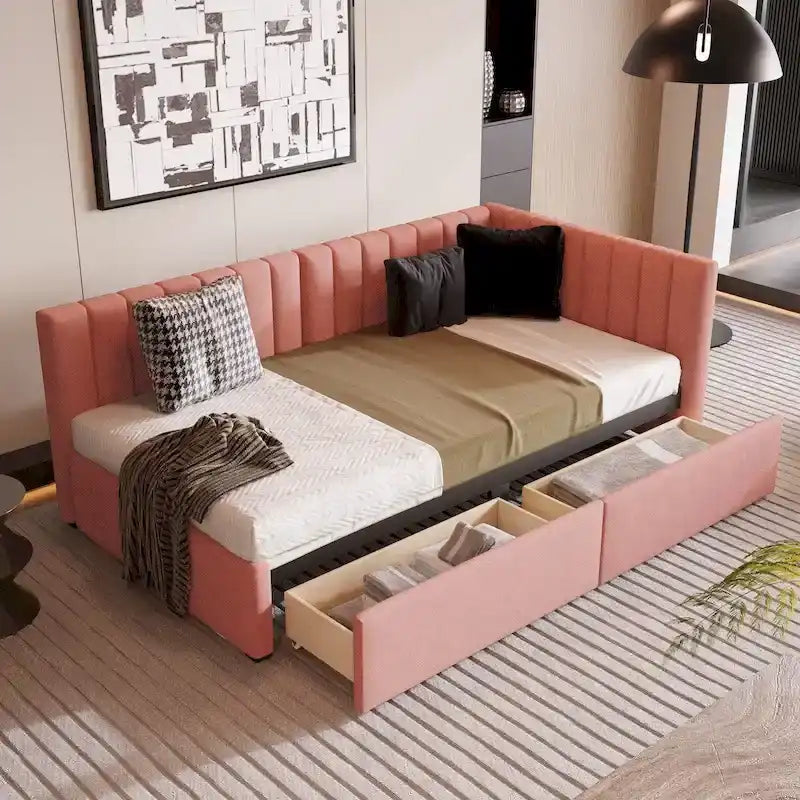 Linen Upholstered Daybed with 2 Storage Drawers and Backrest, No Box Spring
