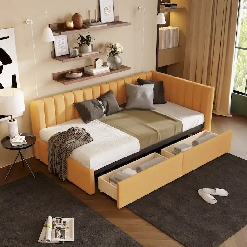Linen Upholstered Daybed with 2 Storage Drawers and Backrest, No Box Spring