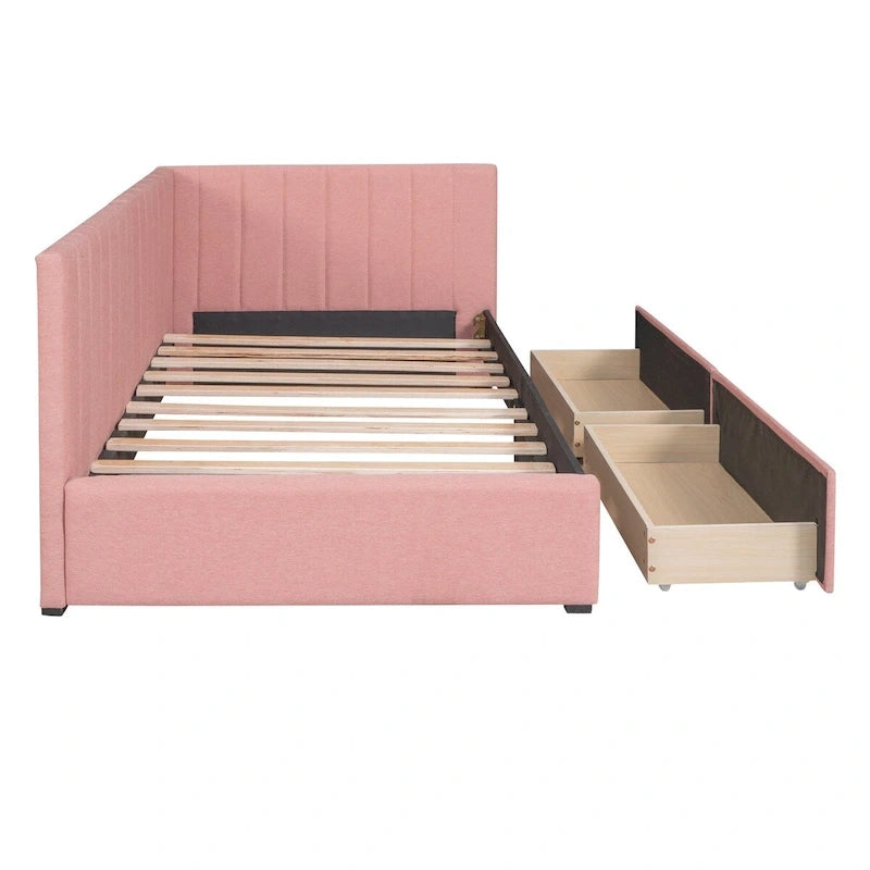 Linen Upholstered Daybed with 2 Storage Drawers and Backrest, No Box Spring