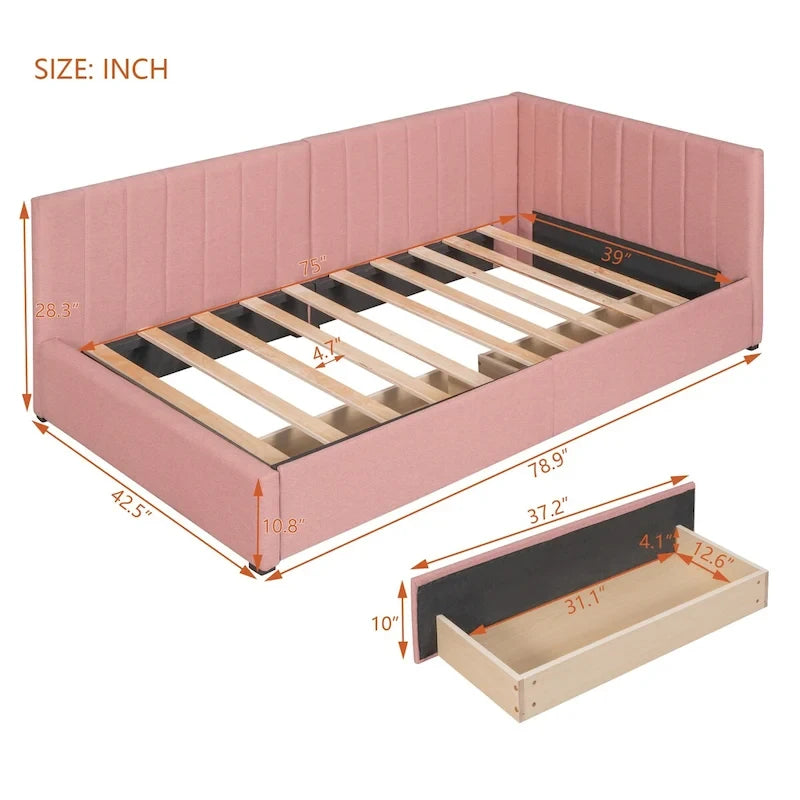 Linen Upholstered Daybed with 2 Storage Drawers and Backrest, No Box Spring
