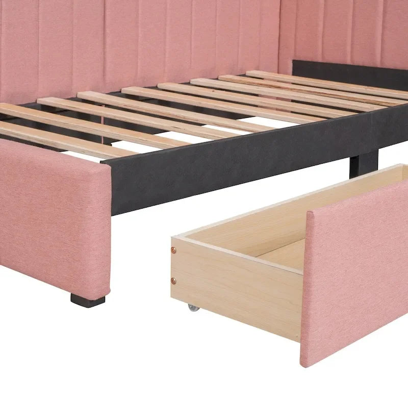 Linen Upholstered Daybed with 2 Storage Drawers and Backrest, No Box Spring
