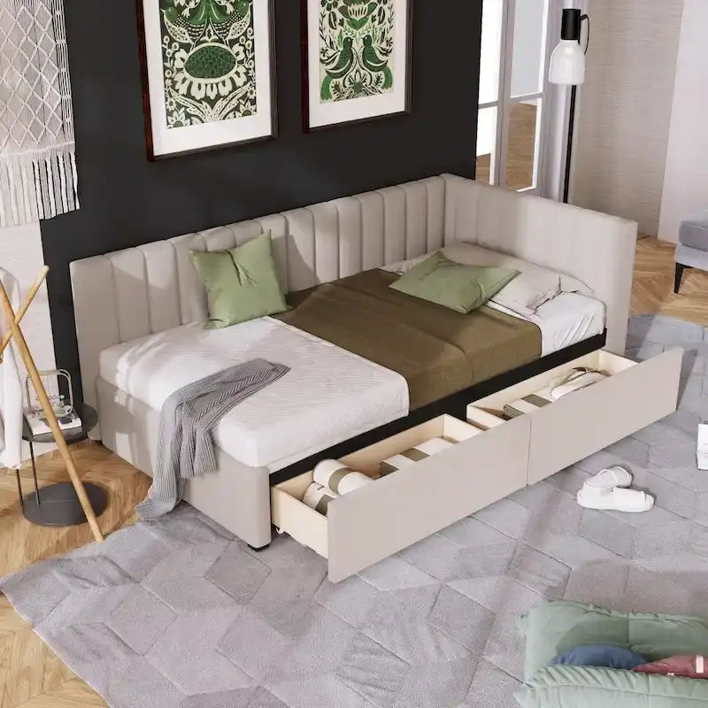 Linen Upholstered Daybed with 2 Storage Drawers and Backrest, No Box Spring