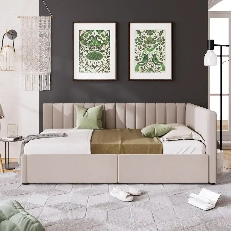 Linen Upholstered Daybed with 2 Storage Drawers and Backrest, No Box Spring