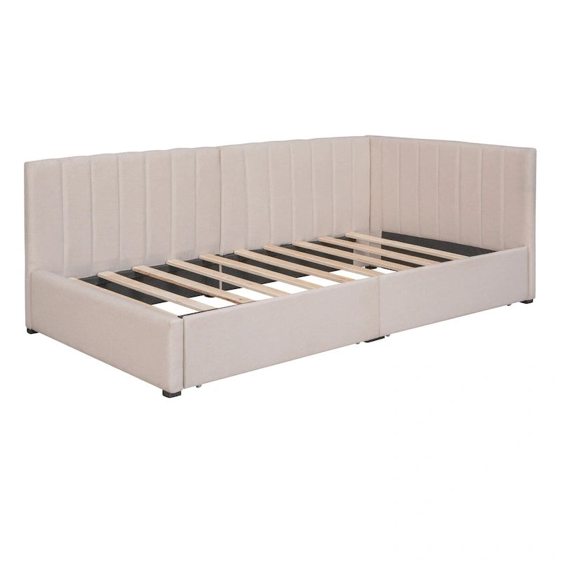 Linen Upholstered Daybed with 2 Storage Drawers and Backrest, No Box Spring