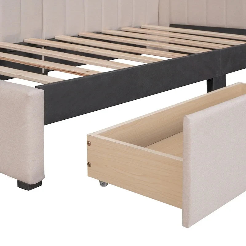 Linen Upholstered Daybed with 2 Storage Drawers and Backrest, No Box Spring