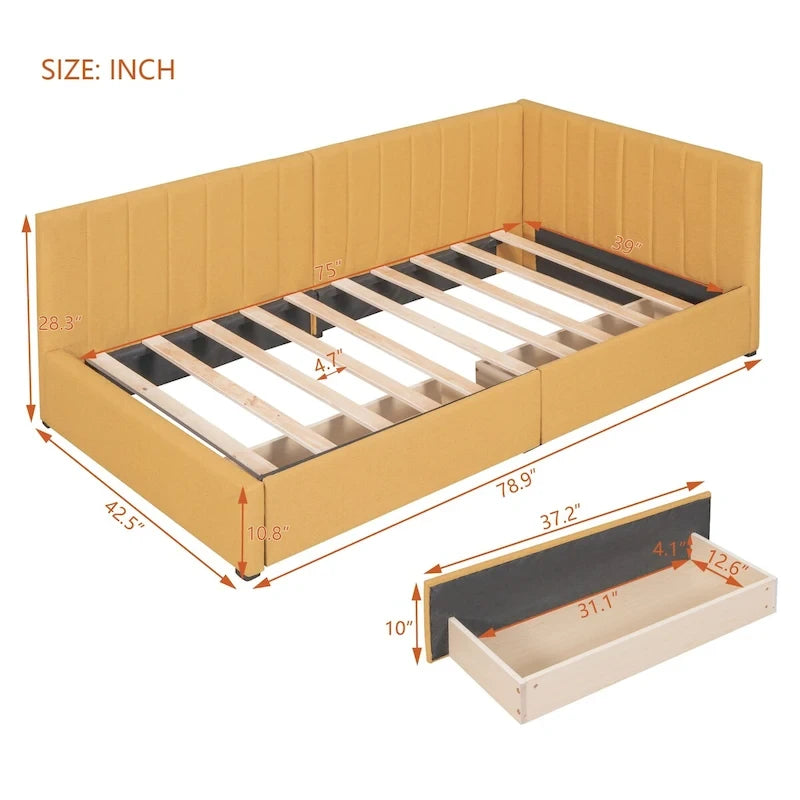 Linen Upholstered Daybed with 2 Storage Drawers and Backrest, No Box Spring