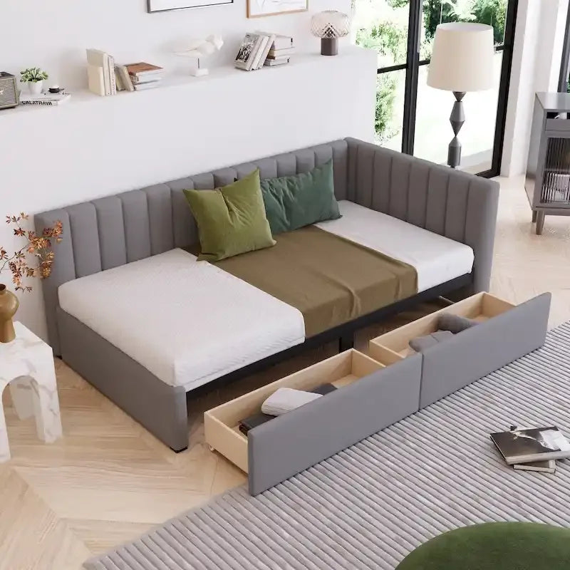 Linen Upholstered Daybed with 2 Storage Drawers and Backrest, No Box Spring