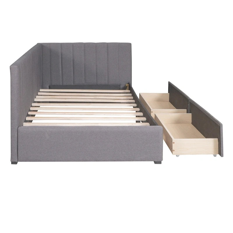 Linen Upholstered Daybed with 2 Storage Drawers and Backrest, No Box Spring