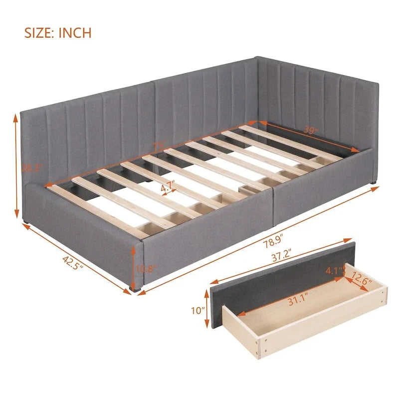 Linen Upholstered Daybed with 2 Storage Drawers and Backrest, No Box Spring