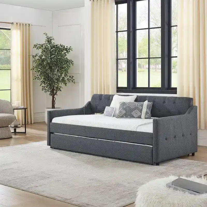 Twin Size Linen Upholstery Daybed with Twin Size Trundle and USB Charging