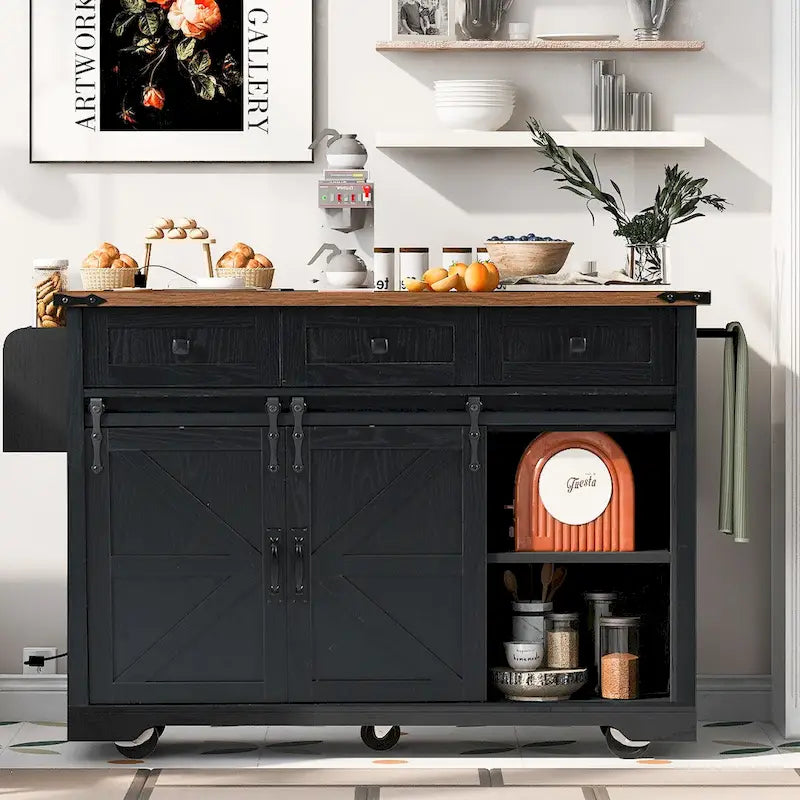 53.5-Inch Farmhouse Kitchen Island with Power Outlet and Locking Wheels