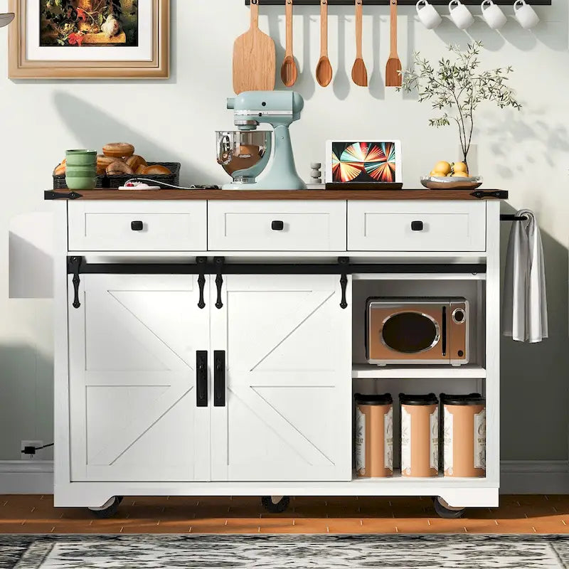 53.5-Inch Farmhouse Kitchen Island with Power Outlet and Locking Wheels