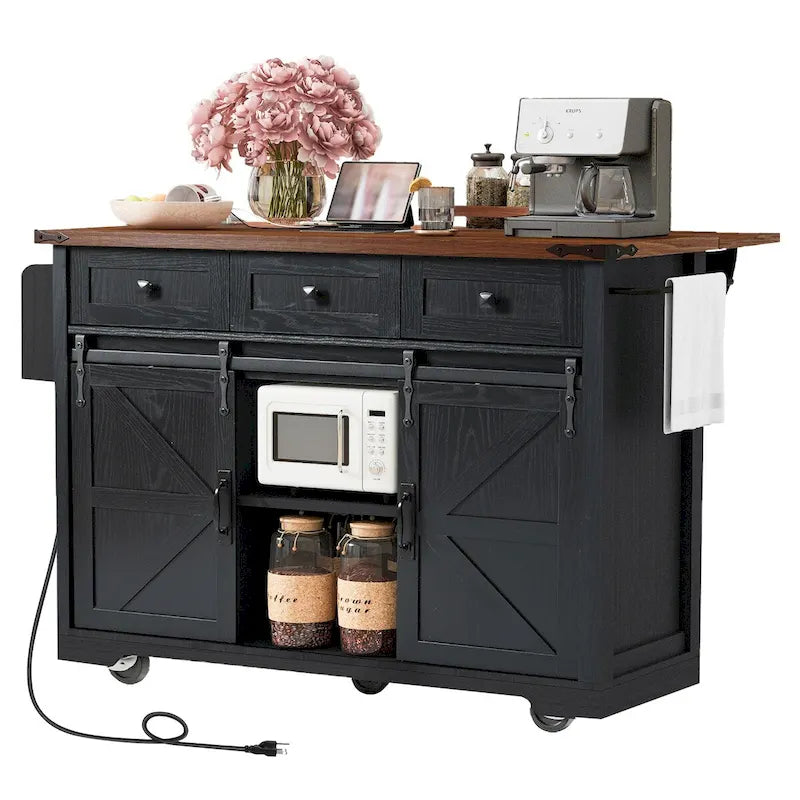 53.5-Inch Farmhouse Kitchen Island with Power Outlet and Locking Wheels