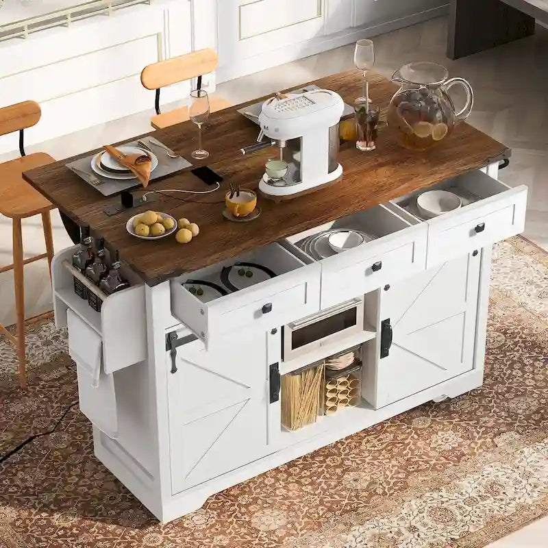 53.5-Inch Farmhouse Kitchen Island with Power Outlet and Locking Wheels