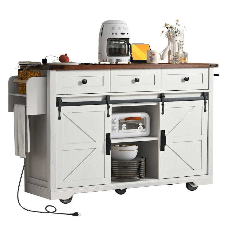 53.5-Inch Farmhouse Kitchen Island with Power Outlet and Locking Wheels