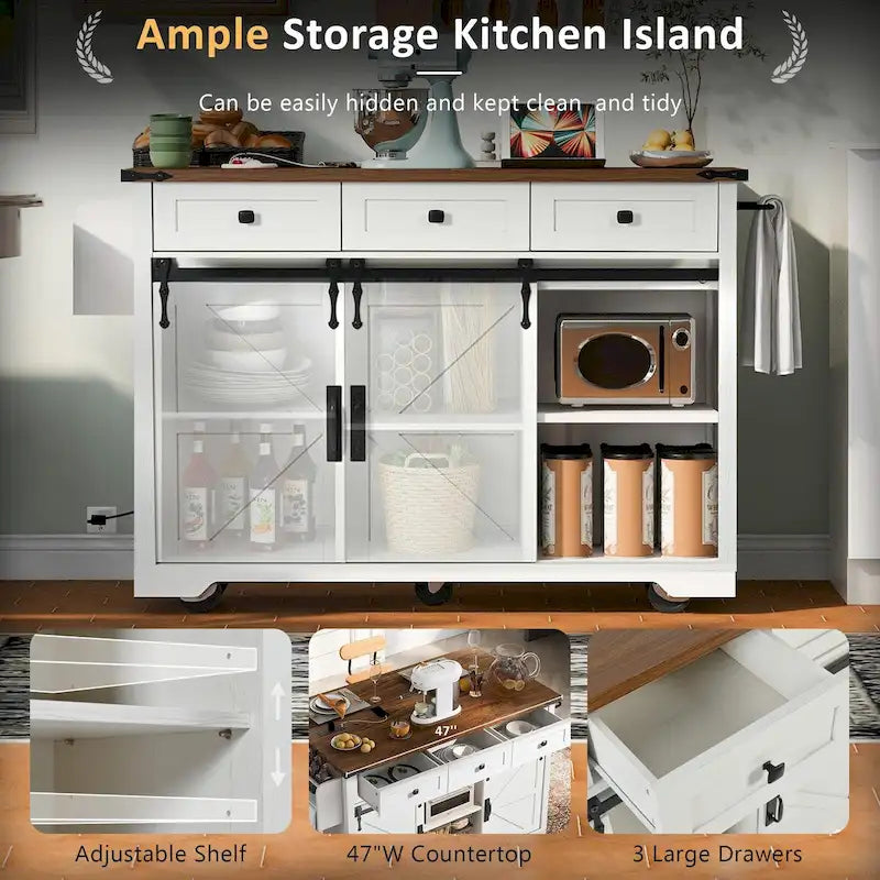 53.5-Inch Farmhouse Kitchen Island with Power Outlet and Locking Wheels