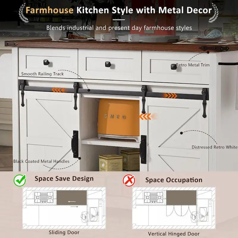 53.5-Inch Farmhouse Kitchen Island with Power Outlet and Locking Wheels