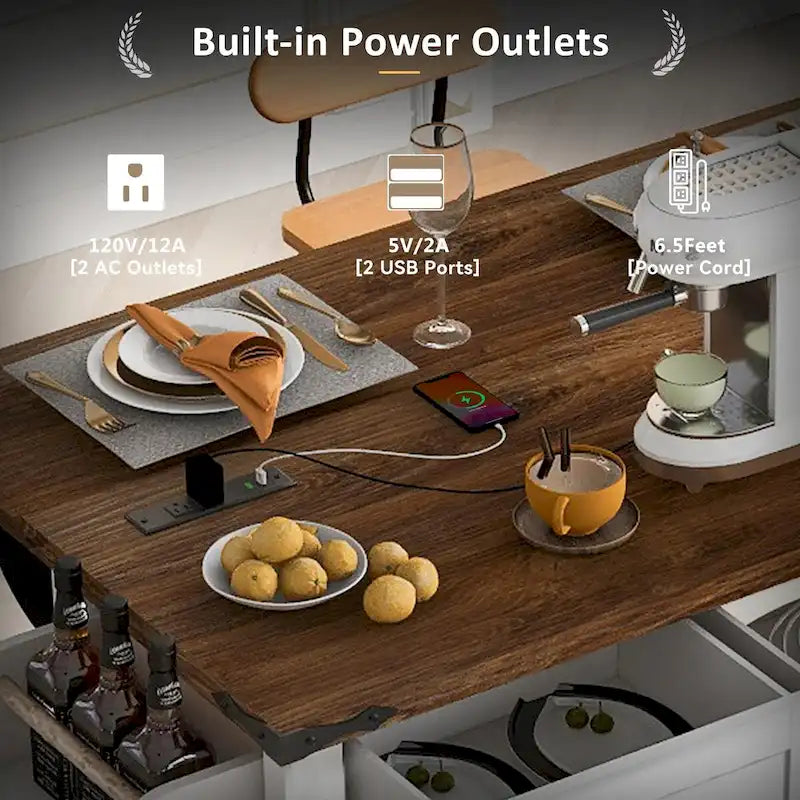 53.5-Inch Farmhouse Kitchen Island with Power Outlet and Locking Wheels